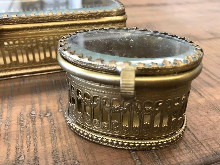 Rectangular Brass Box With Glass Top, Oval Metal Box With Glass Top And Oval Metal Glass Lined Salt Cellar With Spoon Retails $90 [Photo 5]