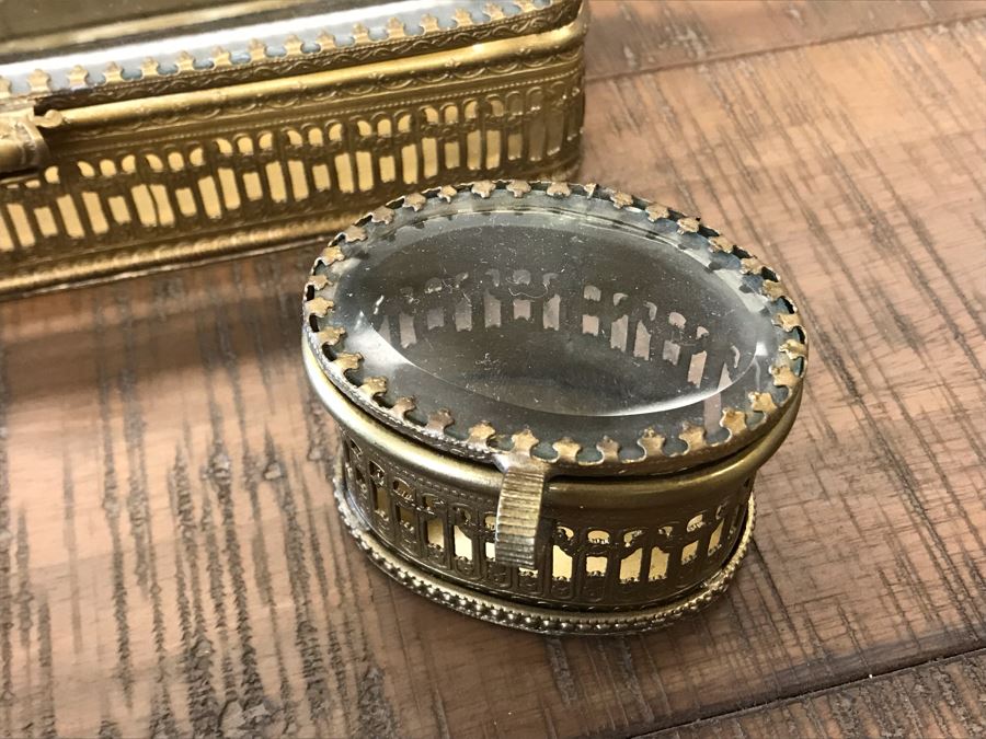 Rectangular Brass Box With Glass Top, Oval Metal Box With Glass Top And Oval Metal Glass Lined Salt Cellar With Spoon Retails $90 [Photo 6]