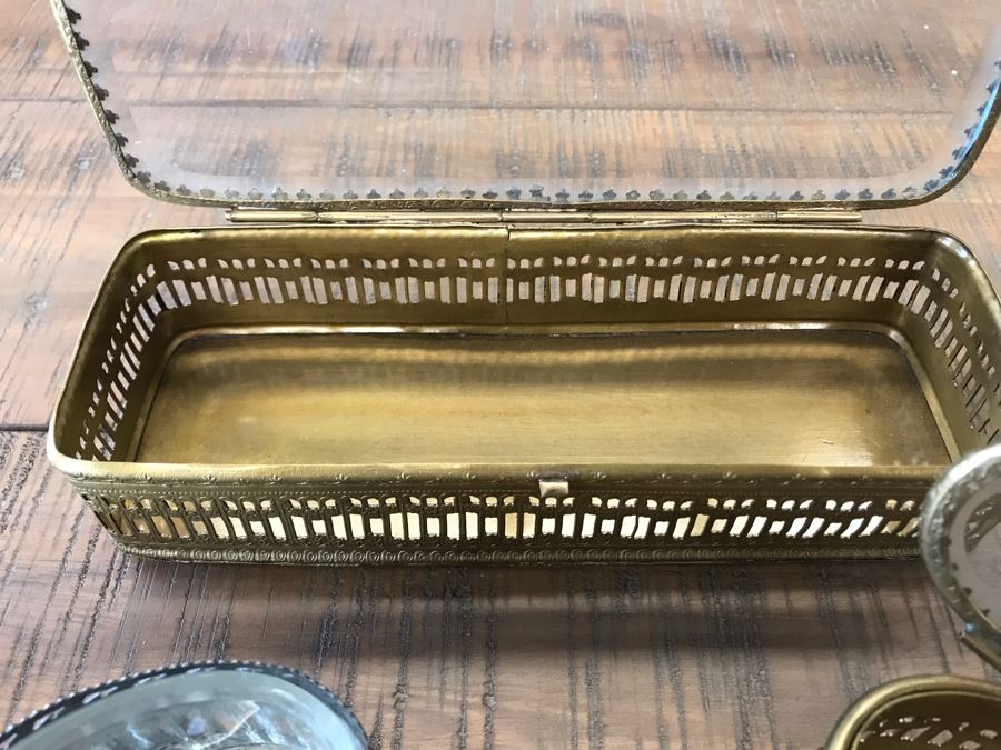 Rectangular Brass Box With Glass Top, Oval Metal Box With Glass Top And Oval Metal Glass Lined Salt Cellar With Spoon Retails $90 [Photo 11]