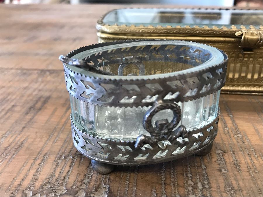 Rectangular Brass Box With Glass Top, Oval Metal Box With Glass Top And Oval Metal Glass Lined Salt Cellar With Spoon Retails $90 [Photo 3]