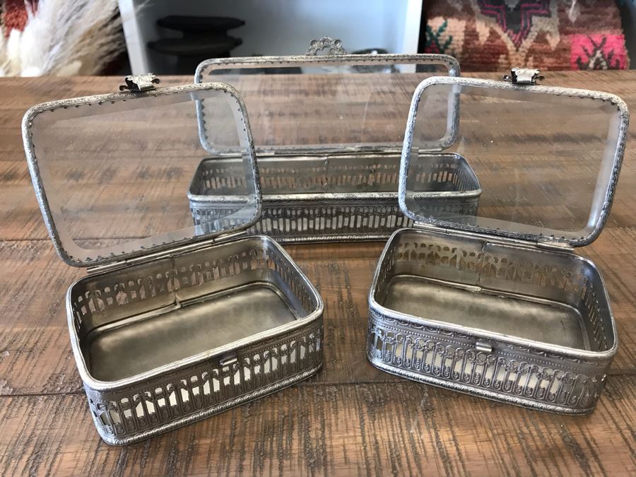 (3) Rectangular Silver Tone Metal Boxes With Glass Tops Retails $130 [Photo 7]