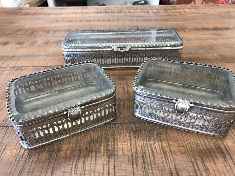 (3) Rectangular Silver Tone Metal Boxes With Glass Tops Retails $130 [Photo 1]