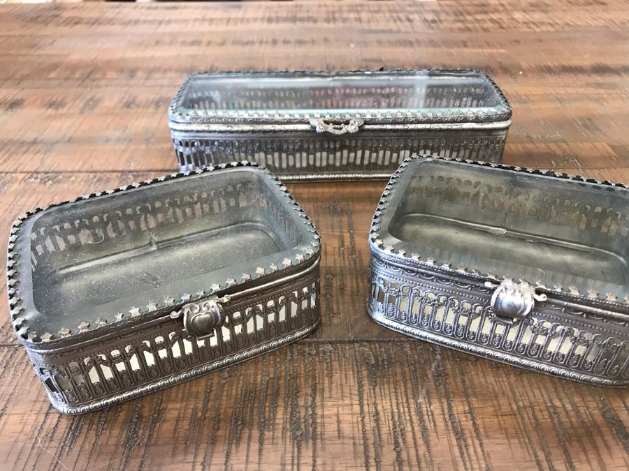 (3) Rectangular Silver Tone Metal Boxes With Glass Tops Retails $130 [Photo 2]