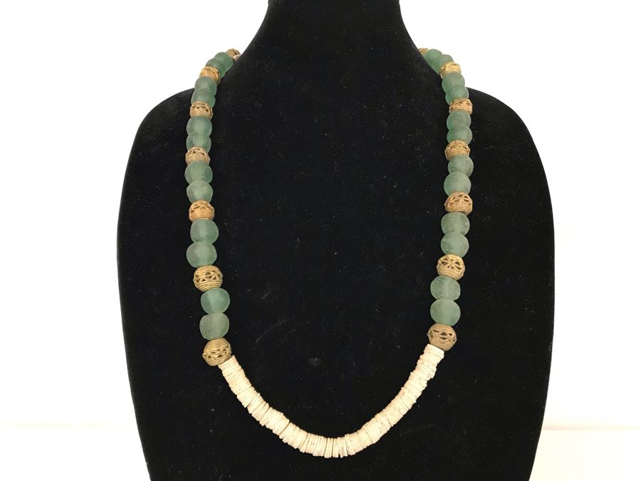 Green Glass And Brass Beads Necklace Retails $60 [Photo 2]