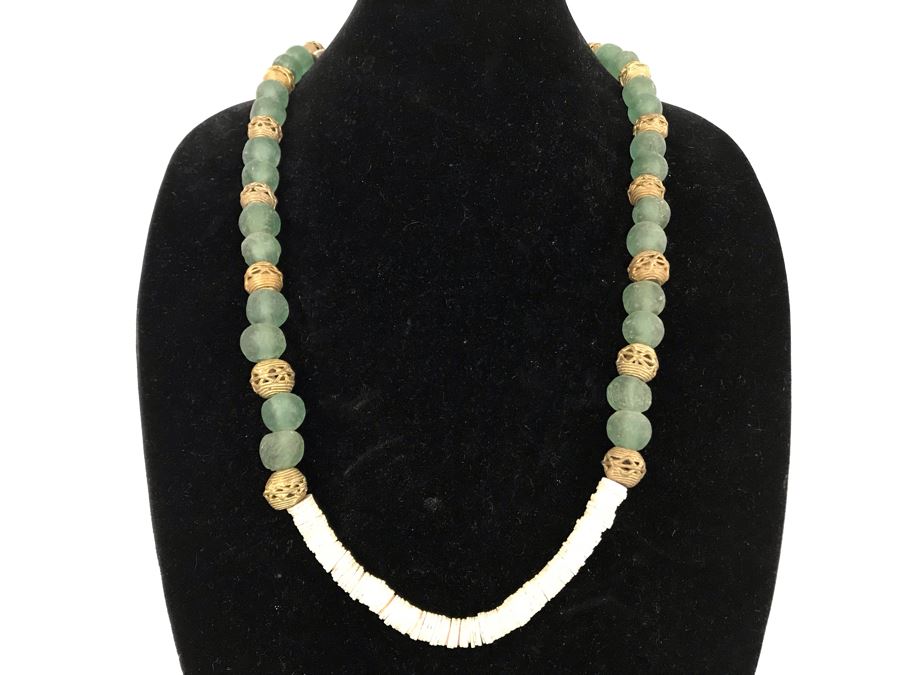 Green Glass And Brass Beads Necklace Retails $60