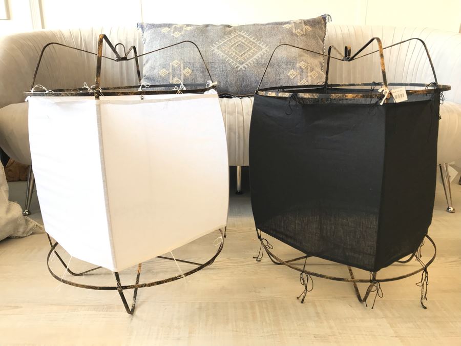 Pair Of Large Black And White Cloth Metal Frame Hanging Light Fixtures (Need Electrical Light Fixtures) 19R X 24.5H Retails $325 [Photo 1]