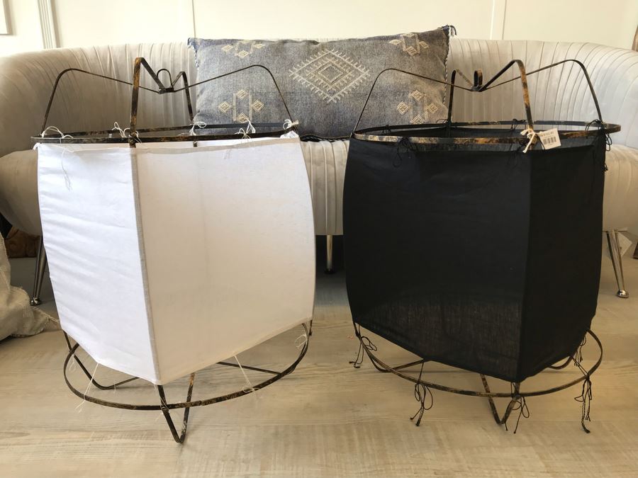 Pair Of Large Black And White Cloth Metal Frame Hanging Light Fixtures (Need Electrical Light Fixtures) 19R X 24.5H Retails $325 [Photo 2]
