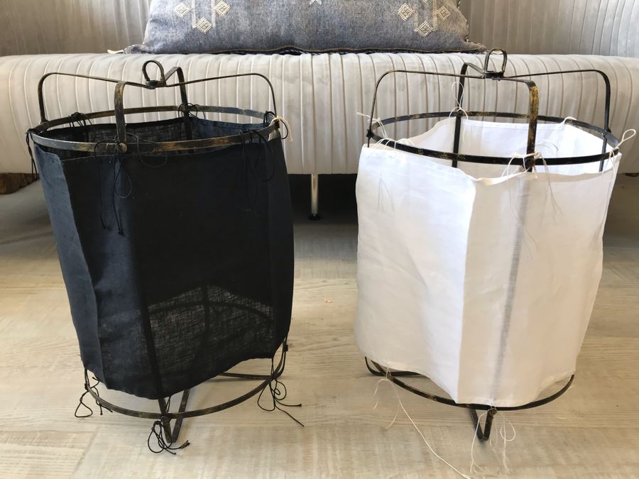 Pair Of Small Black And White Cloth Metal Frame Hanging Light Fixtures (Need Electrical Light Fixtures) 12R X 19H Retails $177 [Photo 1]