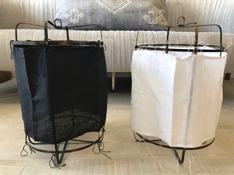 Pair Of Small Black And White Cloth Metal Frame Hanging Light Fixtures (Need Electrical Light Fixtures) 12R X 19H Retails $177 [Photo 2]