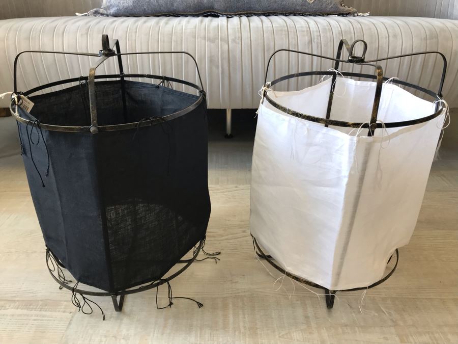 Pair Of Small Black And White Cloth Metal Frame Hanging Light Fixtures (Need Electrical Light Fixtures) 12R X 19H Retails $177 [Photo 2]