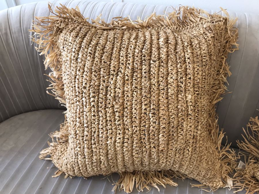 Pair Of Fringe Rafia Throw Pillows Apx 18W Retails 160