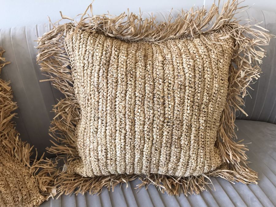 Pair Of Fringe Rafia Throw Pillows Apx 18W Retails $160 [Photo 4]