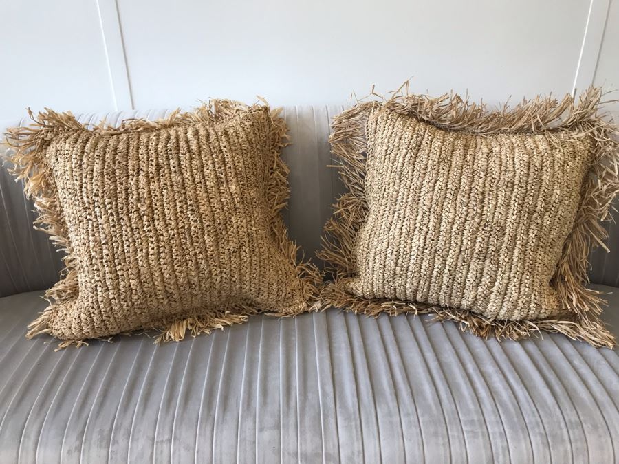 Pair Of Fringe Rafia Throw Pillows Apx 18W Retails $160 [Photo 2]