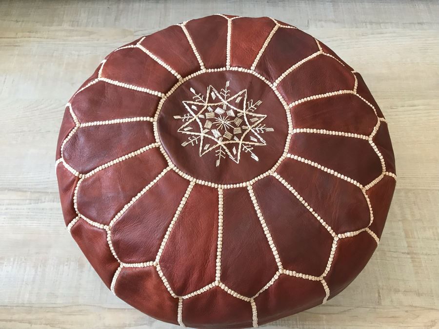 Handmade Leather Pouf Brown Apx 24R X 14H Retails $199 [Photo 4]