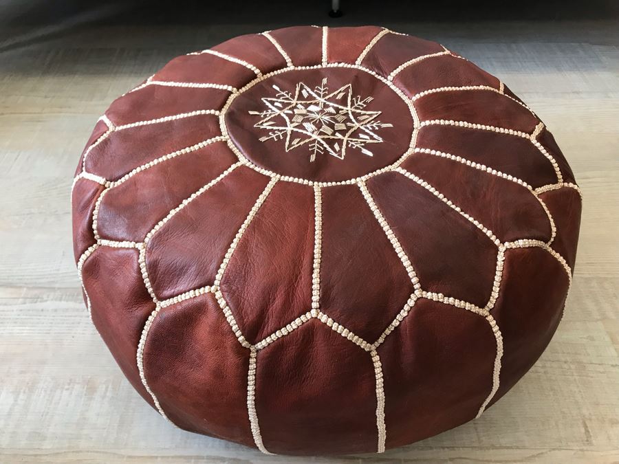 Handmade Leather Pouf Brown Apx 24R X 14H Retails $199 [Photo 3]