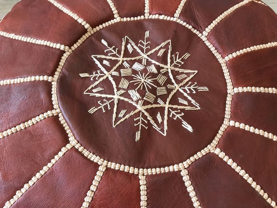 Handmade Leather Pouf Brown Apx 24R X 14H Retails $199 [Photo 5]