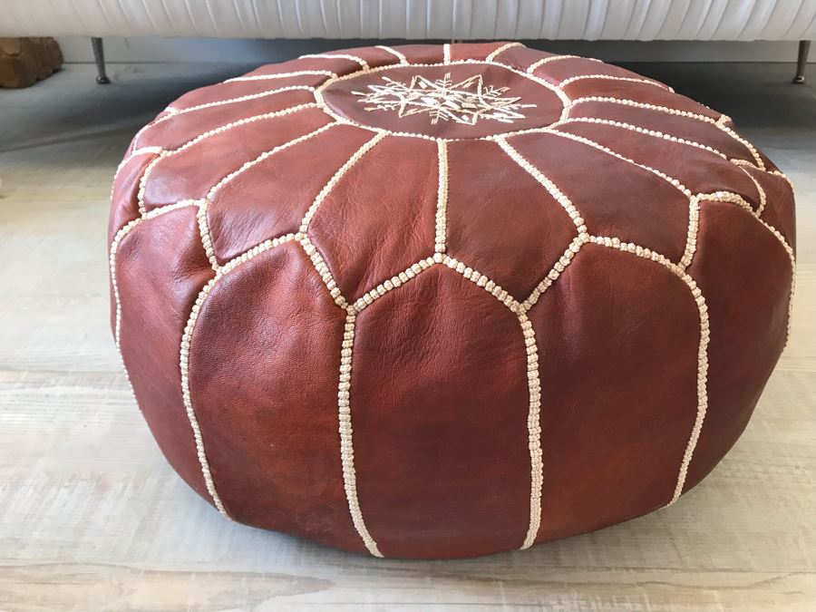 Handmade Leather Pouf Brown Apx 24R X 14H Retails $199 [Photo 1]