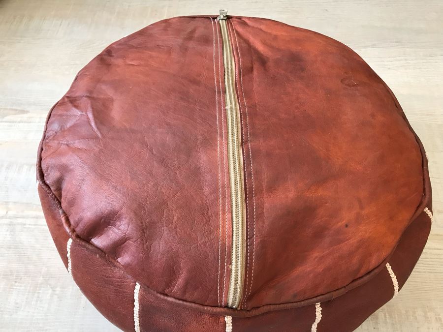 Handmade Leather Pouf Brown Apx 24R X 14H Retails $199 [Photo 7]