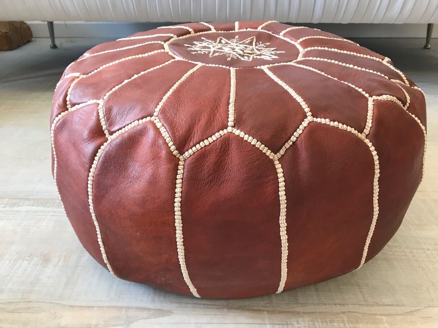 Handmade Leather Pouf Brown Apx 24R X 14H Retails $199 [Photo 2]