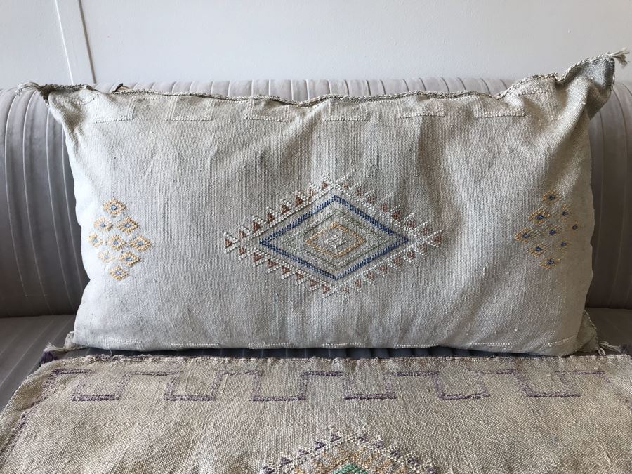 Pair Of Moroccan Sabra Cactus Silk Oversized Pillow Covers (One With Cushion) Apx 20 X 36 Retails $300 [Photo 2]