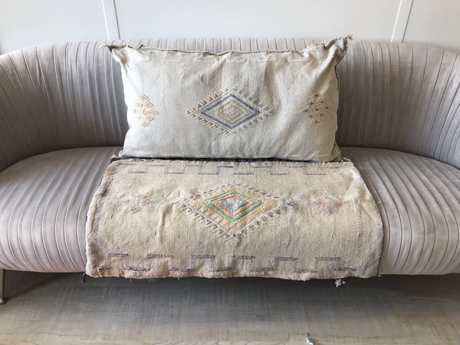 Pair Of Moroccan Sabra Cactus Silk Oversized Pillow Covers (One With Cushion) Apx 20 X 36 Retails $300 [Photo 1]