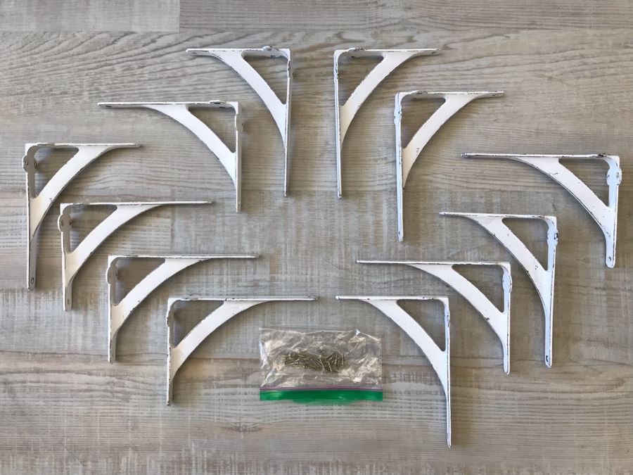 (12) Metal Wall Shelving Brackets Painted Distressed White With Hardware 8 X 6 [Photo 1]