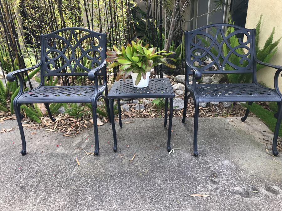 Pair Of Outdoor Metal Armchairs With Side Table