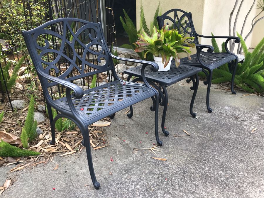 Pair Of Outdoor Metal Armchairs With Side Table [Photo 4]