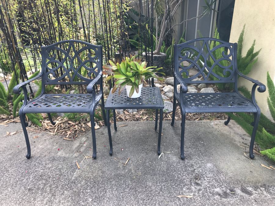 Pair Of Outdoor Metal Armchairs With Side Table [Photo 3]