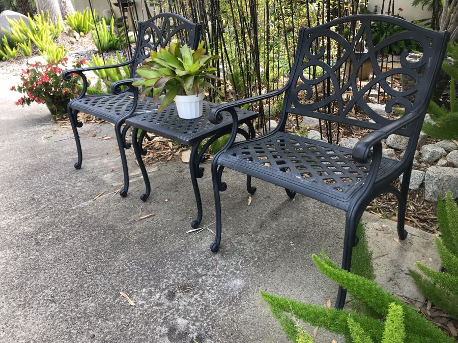 Pair Of Outdoor Metal Armchairs With Side Table [Photo 2]