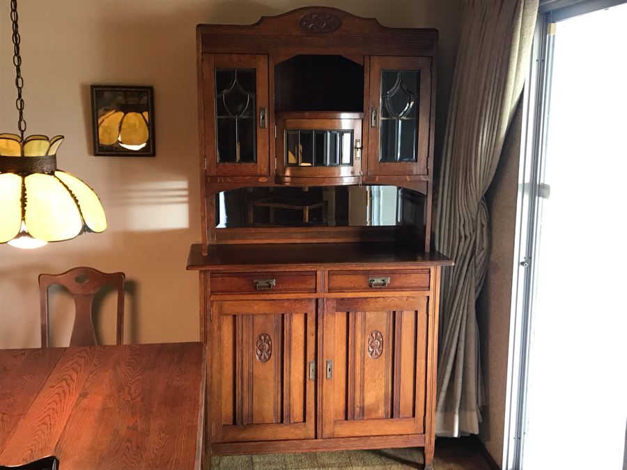 Antique Arts & Crafts Buffet Sideboard China Cabinet With Hutch Beveled Glass Doors Lock With Skeleton Key (Arthur Pierre / J. & A. Pierre Label On Back) 45W X 19.5D X 78H [Photo 26]