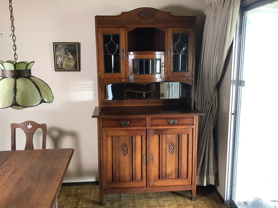Antique Arts & Crafts Buffet Sideboard China Cabinet With Hutch Beveled Glass Doors Lock With Skeleton Key (Arthur Pierre / J. & A. Pierre Label On Back) 45W X 19.5D X 78H [Photo 6]