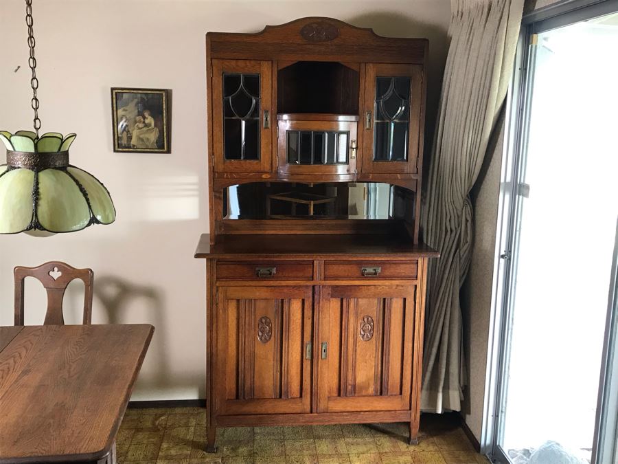 Antique Arts & Crafts Buffet Sideboard China Cabinet With Hutch Beveled Glass Doors Lock With Skeleton Key (Arthur Pierre / J. & A. Pierre Label On Back) 45W X 19.5D X 78H [Photo 5]