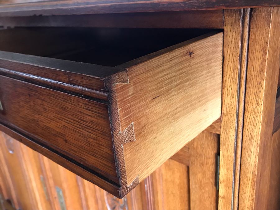 Antique Arts & Crafts Buffet Sideboard China Cabinet With Hutch Beveled Glass Doors Lock With Skeleton Key (Arthur Pierre / J. & A. Pierre Label On Back) 45W X 19.5D X 78H [Photo 13]