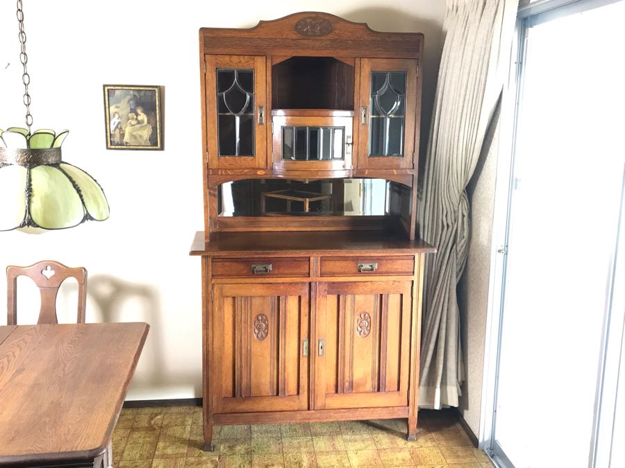 Antique Arts & Crafts Buffet Sideboard China Cabinet With Hutch Beveled Glass Doors Lock With Skeleton Key (Arthur Pierre / J. & A. Pierre Label On Back) 45W X 19.5D X 78H [Photo 3]