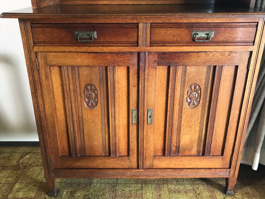 Antique Arts & Crafts Buffet Sideboard China Cabinet With Hutch Beveled Glass Doors Lock With Skeleton Key (Arthur Pierre / J. & A. Pierre Label On Back) 45W X 19.5D X 78H [Photo 9]