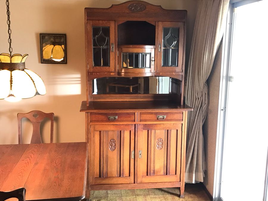 Antique Arts & Crafts Buffet Sideboard China Cabinet With Hutch Beveled Glass Doors Lock With Skeleton Key (Arthur Pierre / J. & A. Pierre Label On Back) 45W X 19.5D X 78H [Photo 27]
