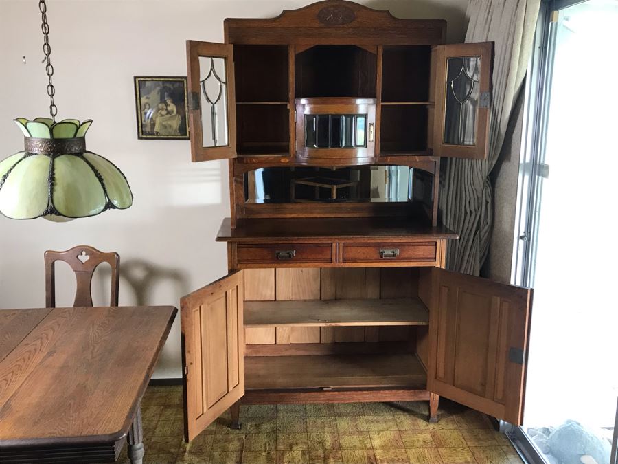 Antique Arts & Crafts Buffet Sideboard China Cabinet With Hutch Beveled Glass Doors Lock With Skeleton Key (Arthur Pierre / J. & A. Pierre Label On Back) 45W X 19.5D X 78H [Photo 17]
