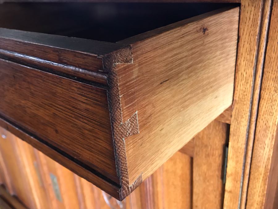 Antique Arts & Crafts Buffet Sideboard China Cabinet With Hutch Beveled Glass Doors Lock With Skeleton Key (Arthur Pierre / J. & A. Pierre Label On Back) 45W X 19.5D X 78H [Photo 12]