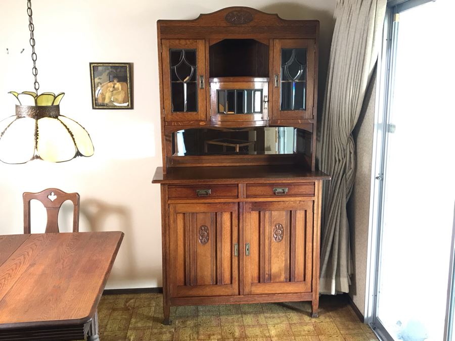 Antique Arts & Crafts Buffet Sideboard China Cabinet With Hutch Beveled Glass Doors Lock With Skeleton Key (Arthur Pierre / J. & A. Pierre Label On Back) 45W X 19.5D X 78H [Photo 4]