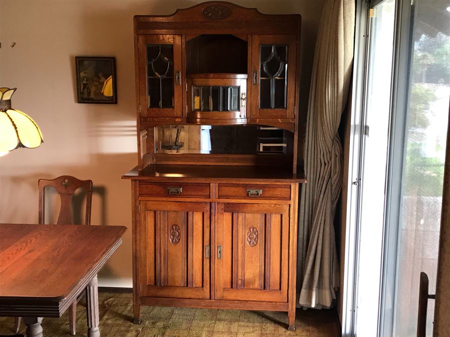 Antique Arts & Crafts Buffet Sideboard China Cabinet With Hutch Beveled Glass Doors Lock With Skeleton Key (Arthur Pierre / J. & A. Pierre Label On Back) 45W X 19.5D X 78H [Photo 28]