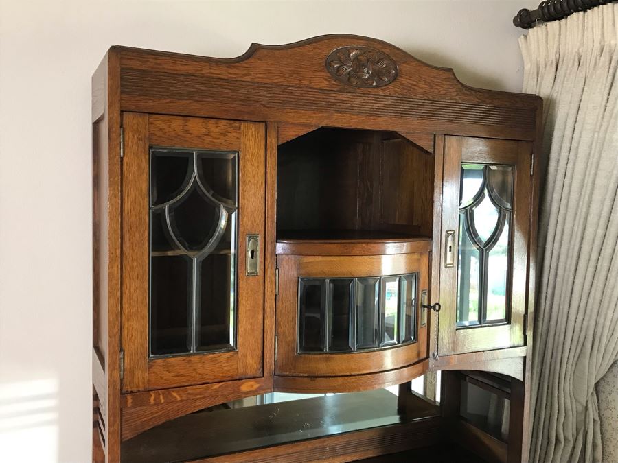 Antique Arts & Crafts Buffet Sideboard China Cabinet With Hutch Beveled Glass Doors Lock With Skeleton Key (Arthur Pierre / J. & A. Pierre Label On Back) 45W X 19.5D X 78H [Photo 7]
