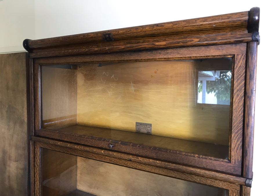 Striking Globe Wernicke Antique Tiger Oak Sectional Bookcase With (5) Bookcases, Base And Top 34W X 12D X 79H (Photo Shows Front / Side View) [Photo 13]