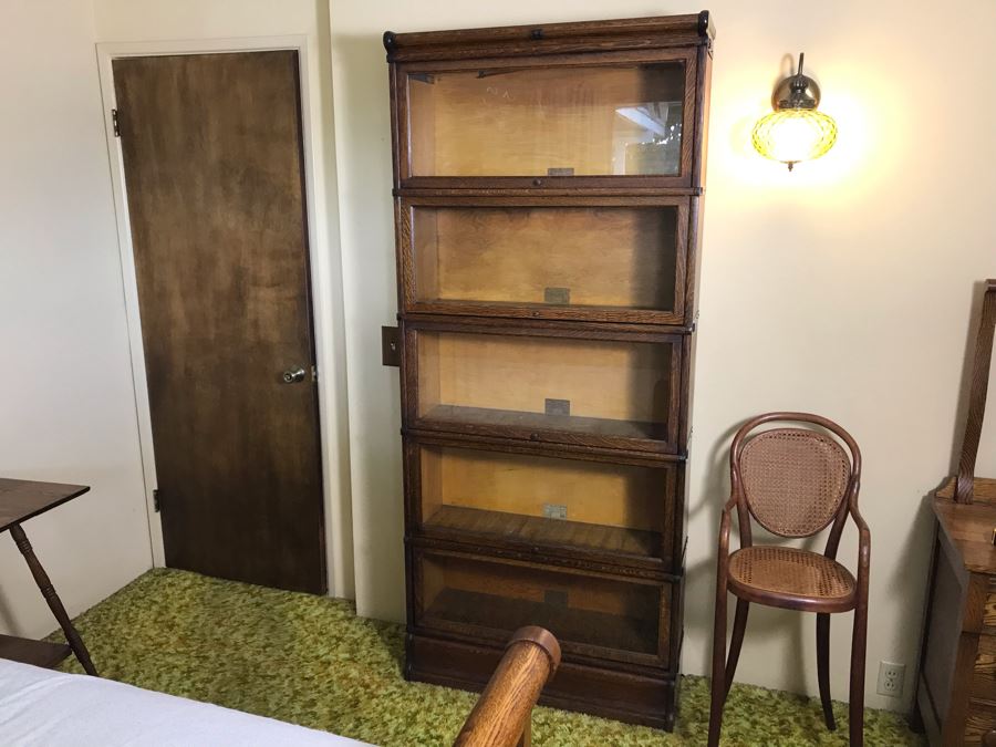 Striking Globe Wernicke Antique Tiger Oak Sectional Bookcase With (5) Bookcases, Base And Top 34W X 12D X 79H (Photo Shows Front / Side View) [Photo 4]