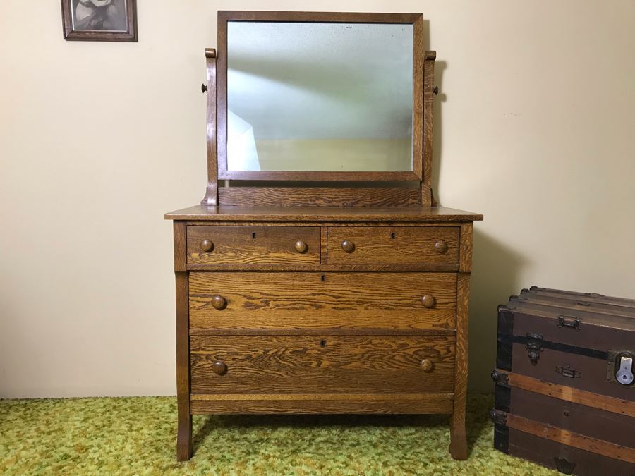 Antique Tiger Oak 4-Drawer Dresser With Swivel Mirror 40W X 20D X 63.5H [Photo 1]