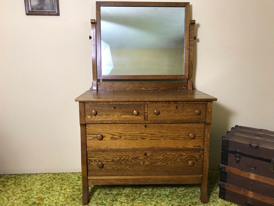 Antique Tiger Oak 4-Drawer Dresser With Swivel Mirror 40W X 20D X 63.5H [Photo 3]
