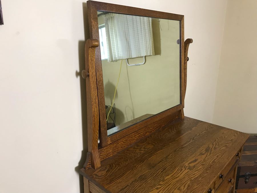 Antique Tiger Oak 4-Drawer Dresser With Swivel Mirror 40W X 20D X 63.5H [Photo 7]