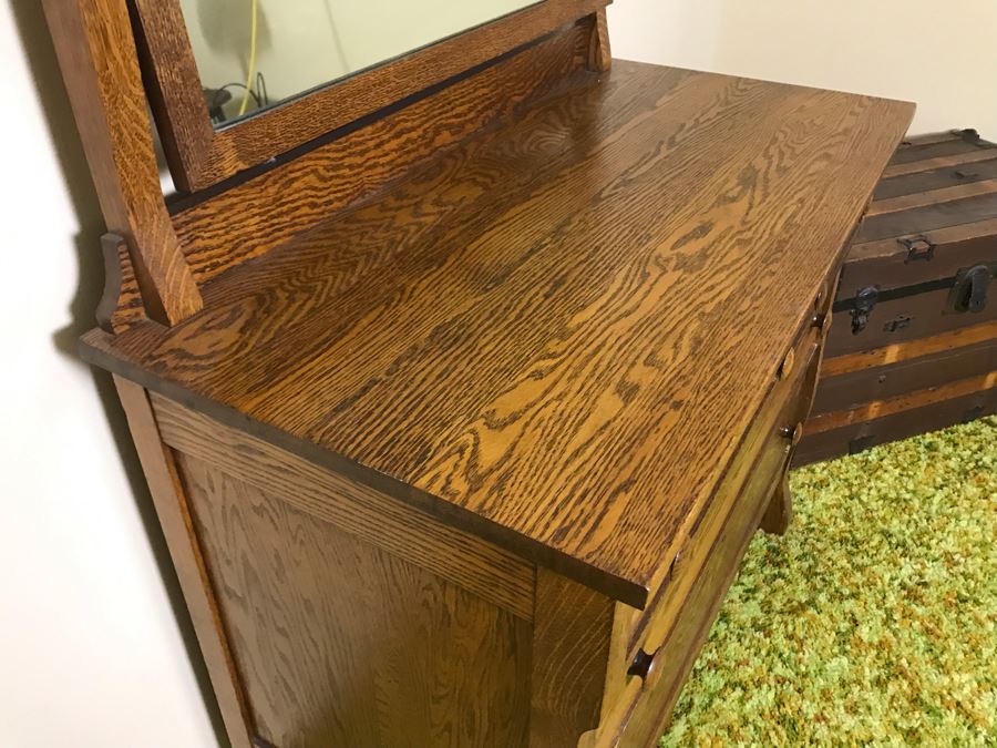 Antique Tiger Oak 4-Drawer Dresser With Swivel Mirror 40W X 20D X 63.5H [Photo 8]