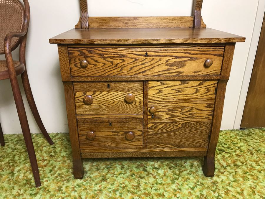 Antique Tiger Oak Dry Sink Cabinet Dresser With Towel Rack ...