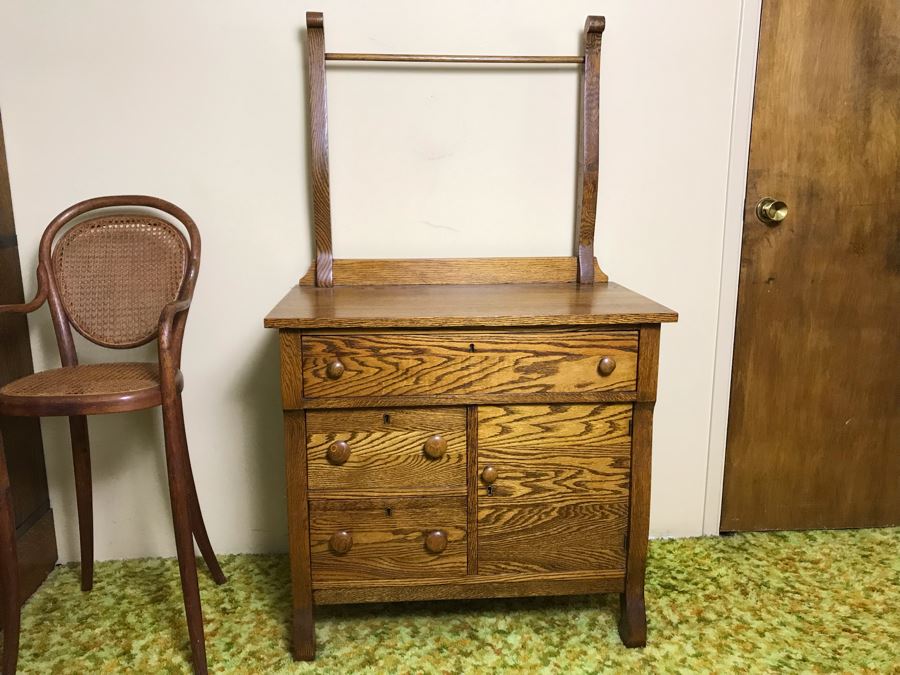 Antique Tiger Oak Dry Sink Cabinet Dresser With Towel Rack 31W x 18D X 53H [Photo 3]